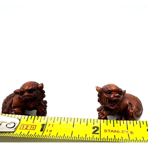 Ojime Netsuke 2 Foo Dog Lion Figurines Hand-Carved Boxwood Signed No Hole #2.2 - Picture 2 of 8